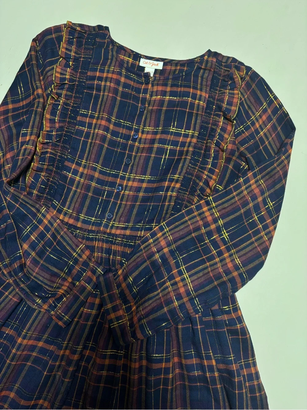 Cat & Jack Plaid Metallic Gold Tread Ruffle Dress Girls XL NWOT